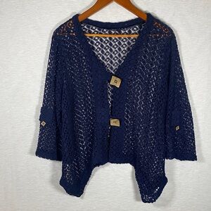 Nina Leonard Crochet Cardigan Women’s XL Navy‎ Open Knit Boho Coastal Grandma